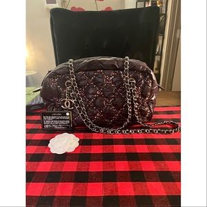 100% Authentic Chanel Quilted Tweed Stitch Bubble Camera Bag in Purple Silver HW